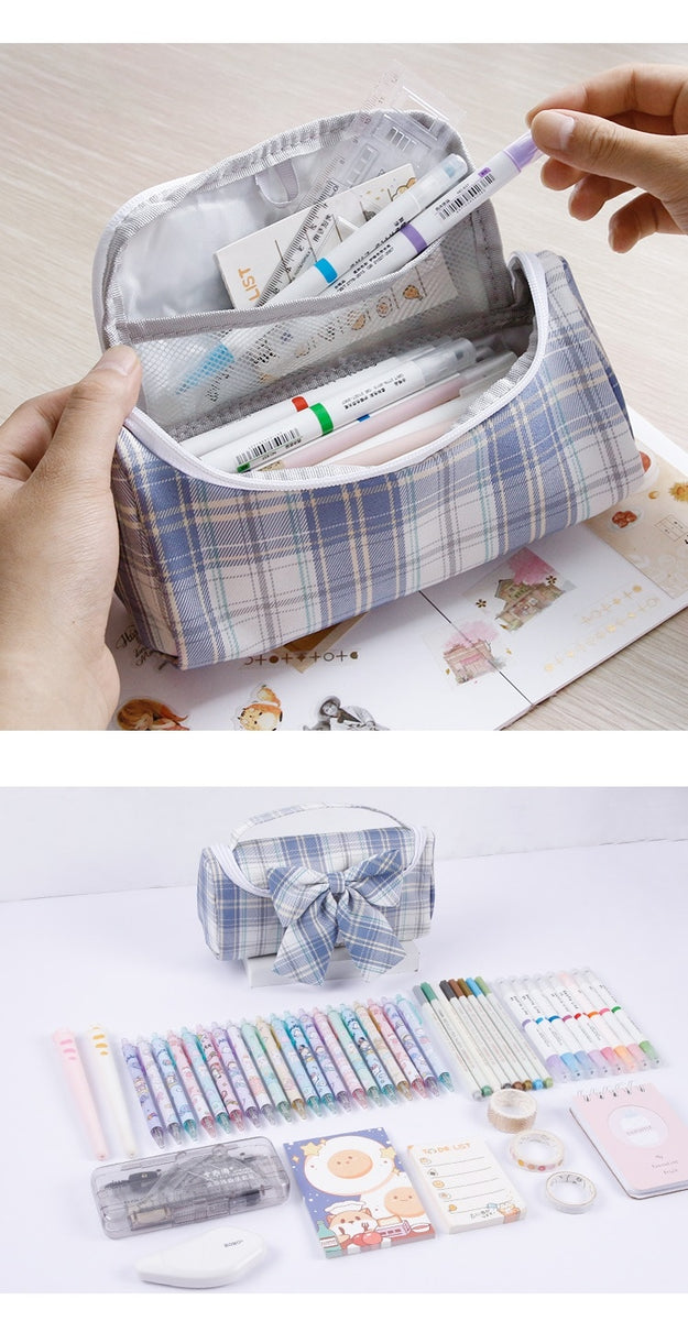 Bow Large-capacity Pencil Case, Is Japanese Stationery Box With Jk Preppy  Style Multi-layer Plaid Storage Bag (black+5 Pens)