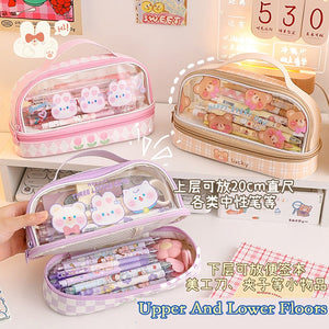 Animal Party - Double Layer Large Capacity Transparent Pencil Case