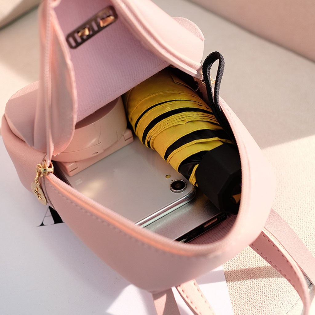 kawaii backpack mini Women's Mini Backpack Luxury PU Leather Cute Small Bow-knot Leaf Bags Black