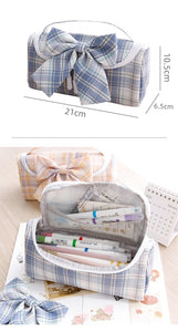 Japanese Plaid Design Bowknot Pencil Case (Large Capacity)